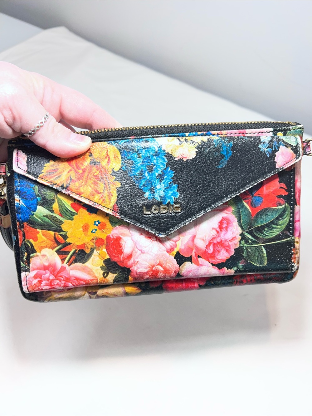 Lodis leather black floral wallet wristlet blush
